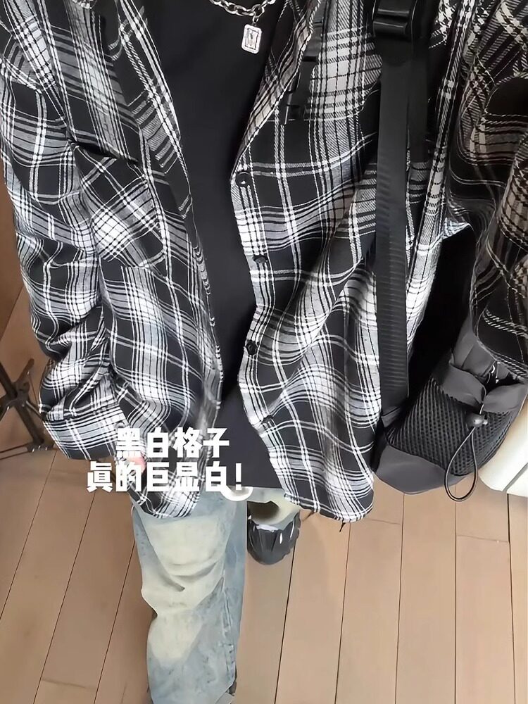 格子衬衫男春秋季美式长袖衬衣小众设计感情侣百搭外套LXX04-P33,男装衬衫,星座1008