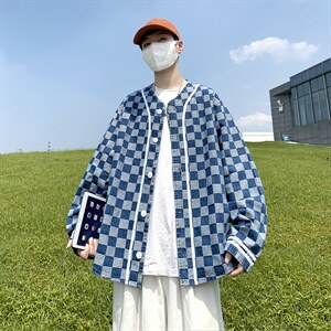 22秋冬港风大码棒球服长袖夹克上衣外穿格子牛仔衣外套潮 F17/P65图片