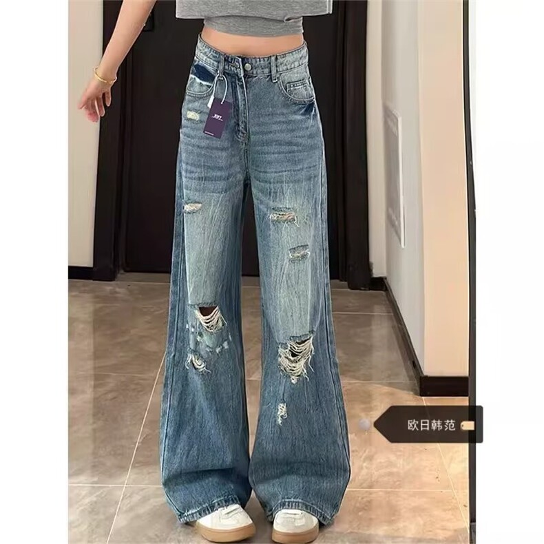 美式复古破洞阔腿牛仔裤女2025新款夏季高腰显瘦宽松直筒拖地裤子图片