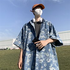 夏季新款复古做旧上衣情侣牛仔花朵衬衫男短袖衬衣W3427-P50，男装衬衫，星座512-2
