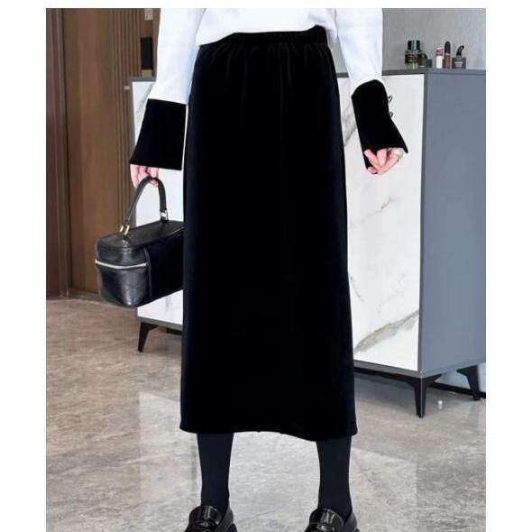 秋冬季黑色金丝绒新款小个子直筒a字中长款半身裙，女装半身裙，鑫友供货
