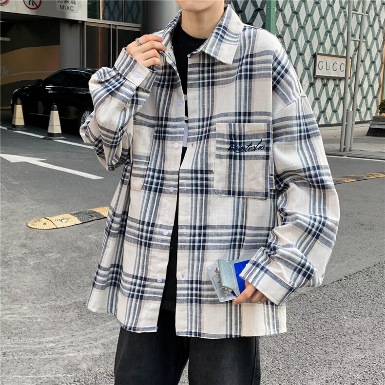 日系格子衬衫男长袖2024新款秋季男生衬衣外套学生青少年C90/P45,男装衬衫,星座506