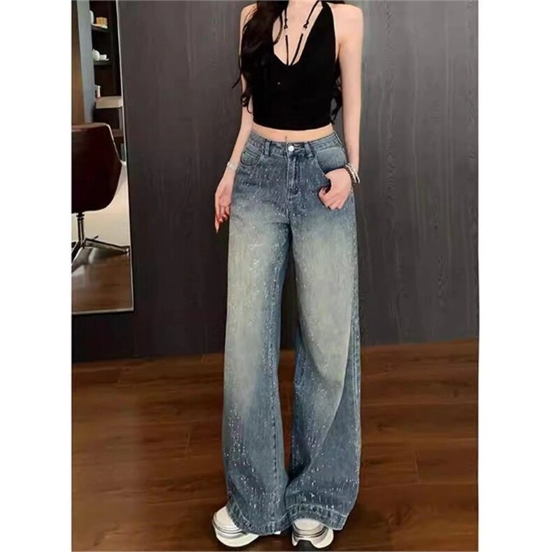 美式复古烫钻直筒牛仔裤女2026春秋新款宽松百搭显瘦阔腿长裤子,男装牛仔裤,星座1210-1