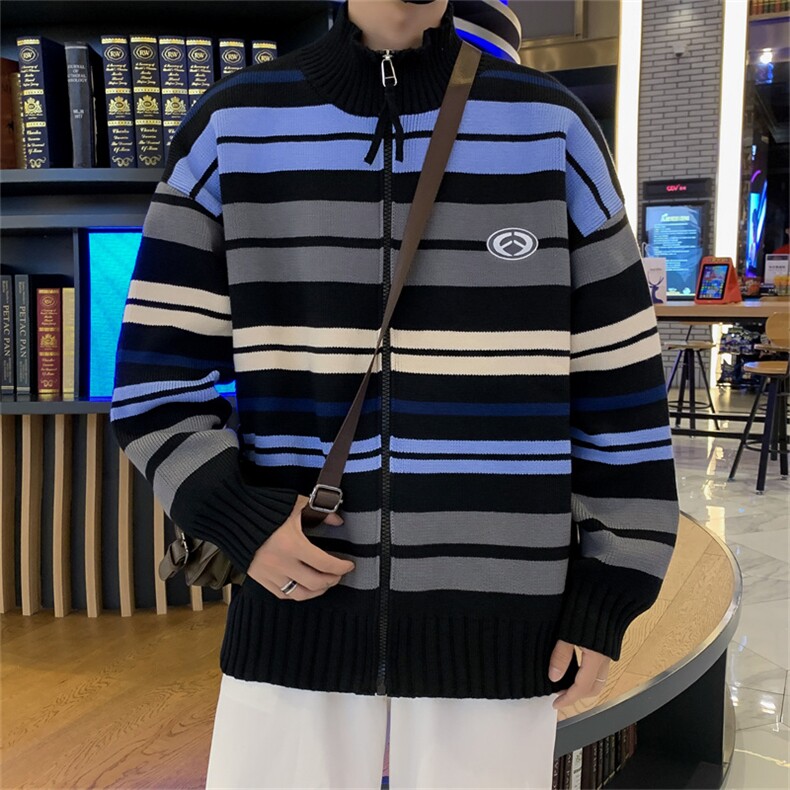 冬款男高领拉链毛衣条纹拼接开衫刺绣外套M5026P60,男装针织衫/毛衣,星座1013-1