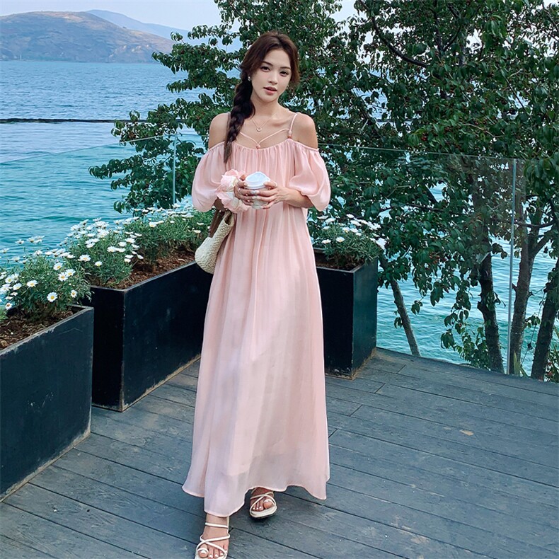 粉色一字肩珠串吊带泡泡袖连衣裙女2025夏季超仙法式甜美A字长裙,女装连衣裙,2C123