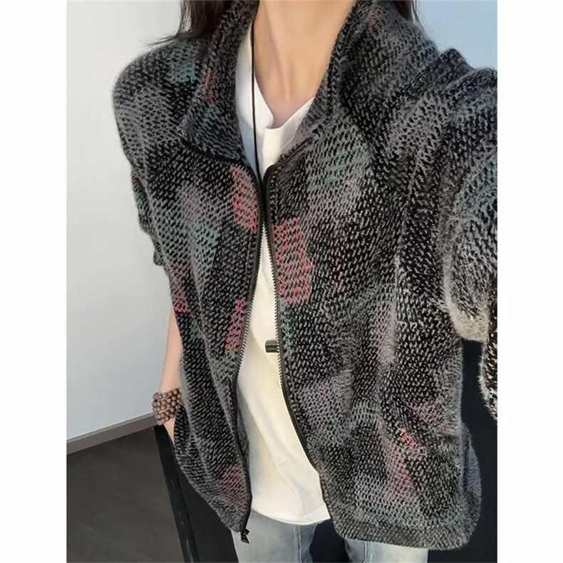 cleanfit彩色格子开衫卫衣男潮牌立领外套痞帅情侣上衣LYT211-P74,女装短外套,星座1008