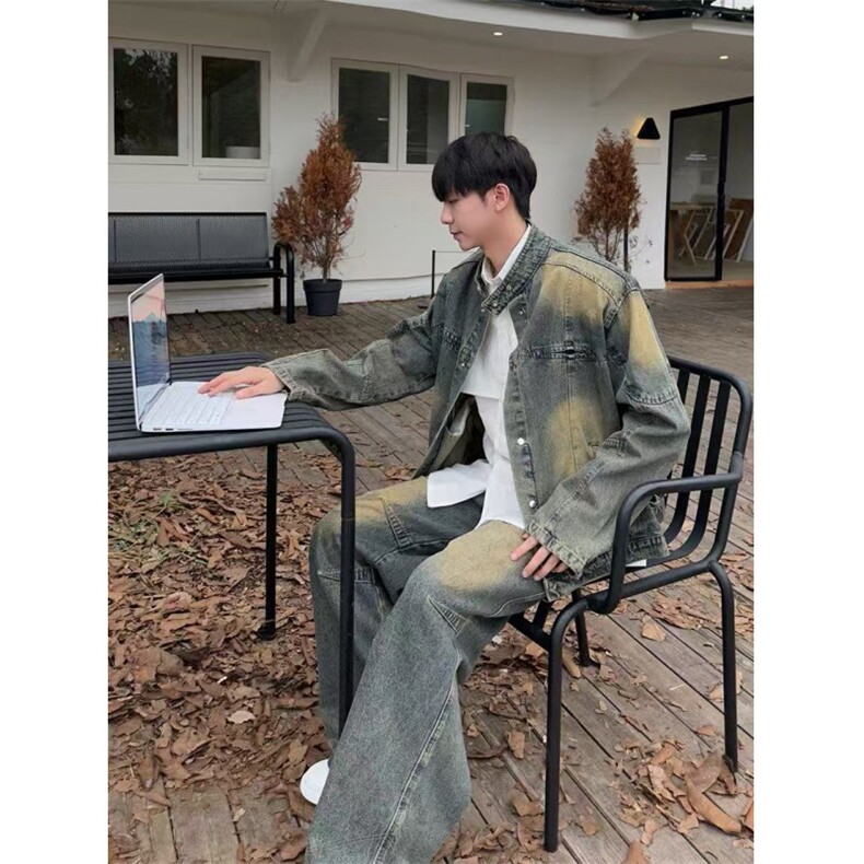 1506/QJ700/P66早春牛仔夹克男士复古重磅拉链机车设计感外套潮图片