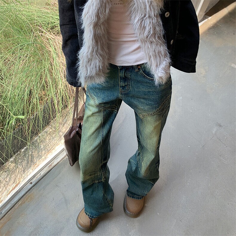 美式水波纹猫须宽松直筒牛仔裤男生vibe显高复古裤子男YD2127-P65图片