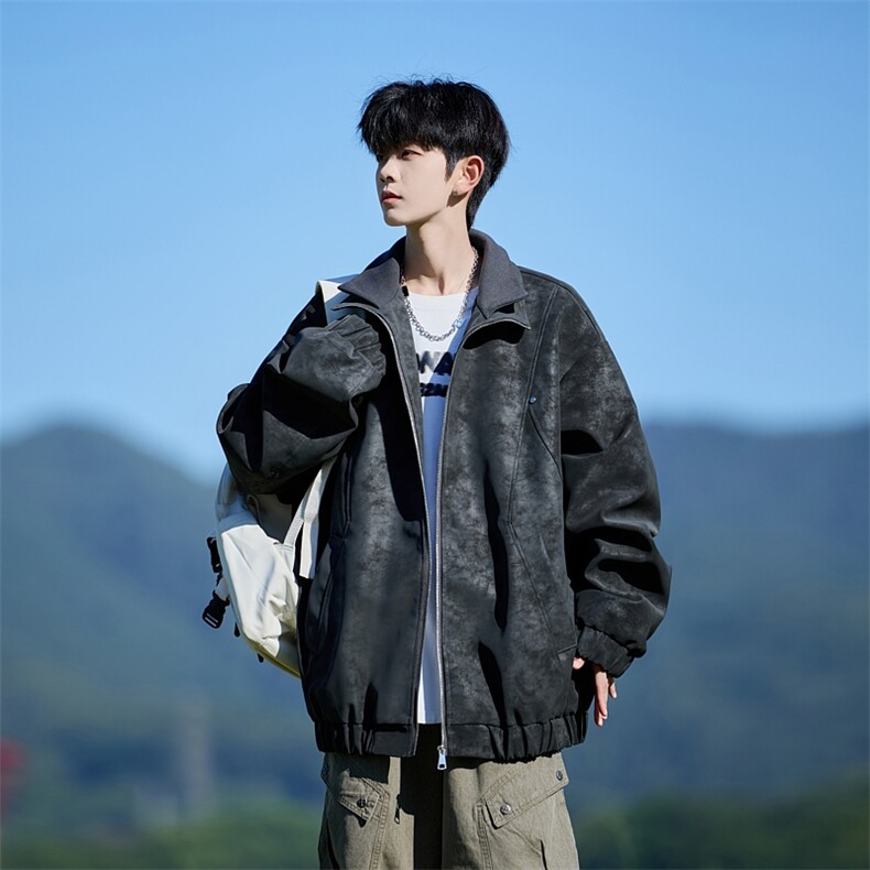 胖胖哥美式复古扎染皮衣外套男秋季新款大码宽松痞帅潮牌夹克上衣,男装皮衣,电商A029