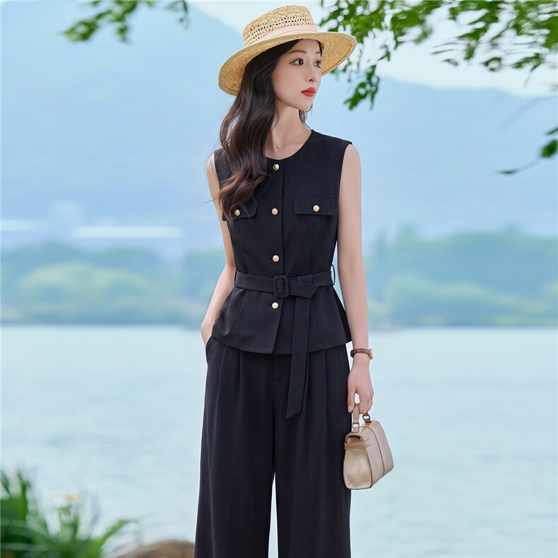 2026夏装麻料新款简约时尚气质腰带两件套休闲套装,女装套装/套裙,美沁
