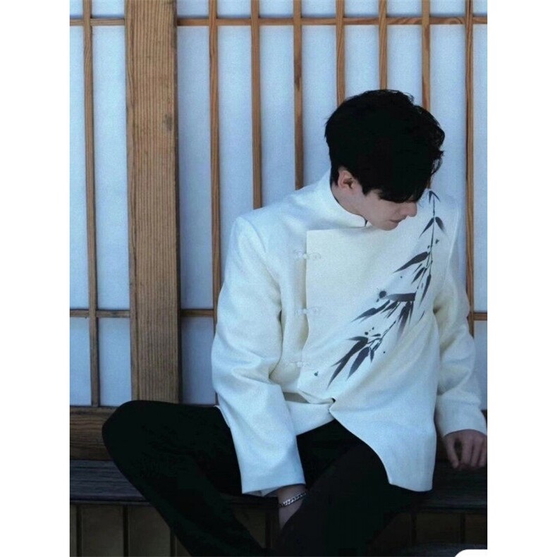 新中式白色西装外套男士小众设计感垫肩西服竹子印花中山装唐装，男装西服，星座601-1
