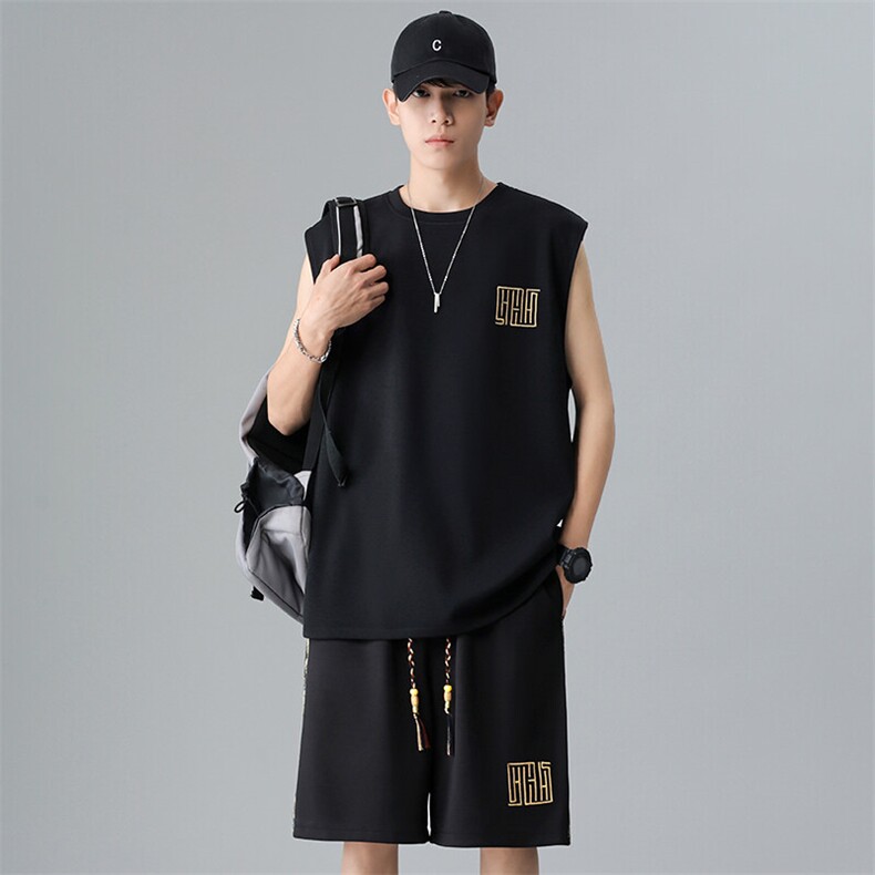 刺绣休闲运动套装男装无袖T恤两件套夏季薄款背心A266-TZ1107-P43,男装休闲套装,电商A266