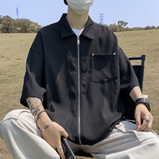 美式复古薄款拉链短袖衬衫男夏季高街潮牌宽松百搭上衣CS0409-P35，男装衬衫，星座308B-2