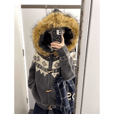 重磅北极绒座山雕大毛毛领毛衣外套冬美式复古休闲慵懒风针织开衫，男装针织衫/毛衣，电商A486