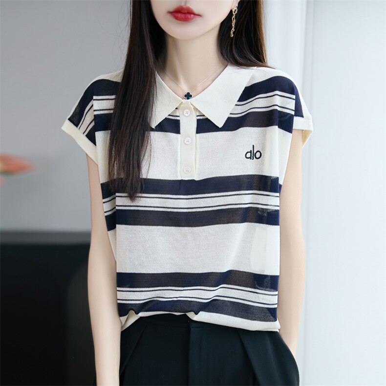 夏季新款天丝亚麻翻领刺绣条纹短袖女宽松百搭显瘦时尚休闲上衣,女装T恤,昭美羊绒