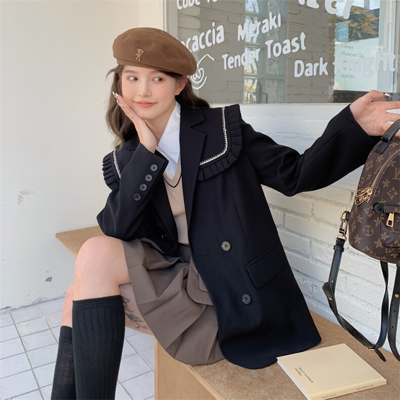 设计感可拆卸海军领粉色小西装外套女春秋季气质宽松休闲时尚西服,女装西装,帛香坊