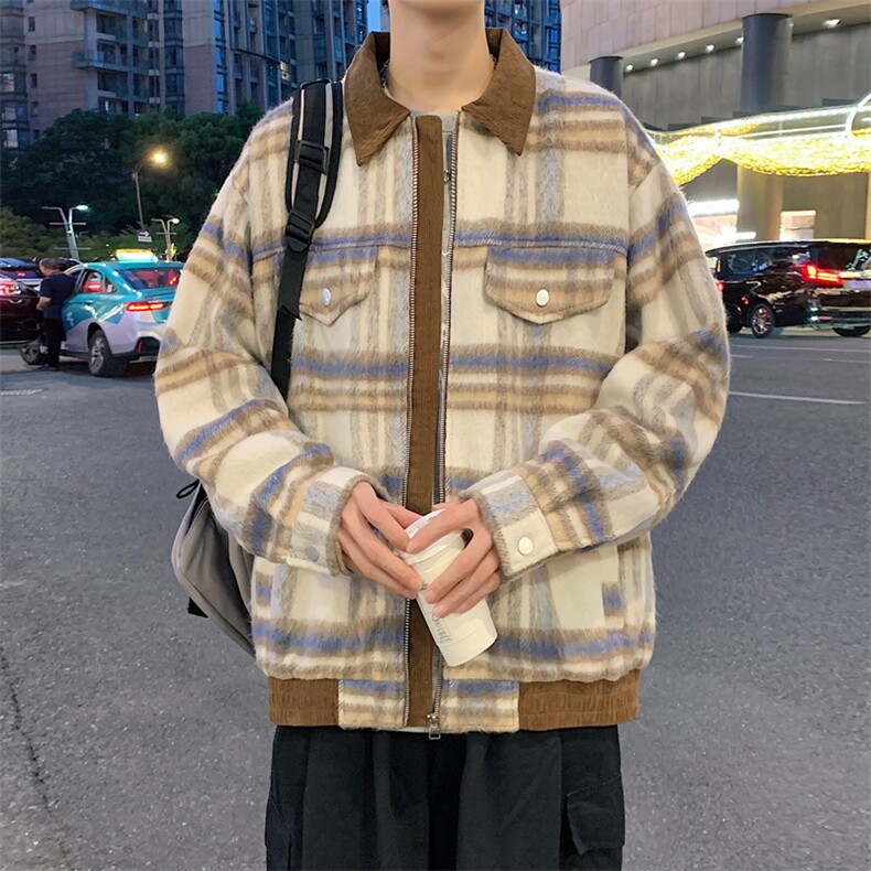 现货港风毛呢夹克男宽松格子呢子大衣外套DSA157B-J237-特P90,男装夹克,电商A157B