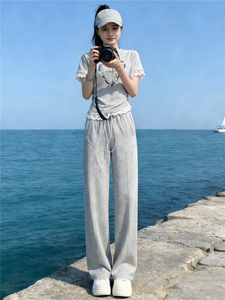 个性潮流时尚套装女夏季新款钉珠蕾丝花边设计短袖阔腿长裤两件套,女装套装/套裙,江南