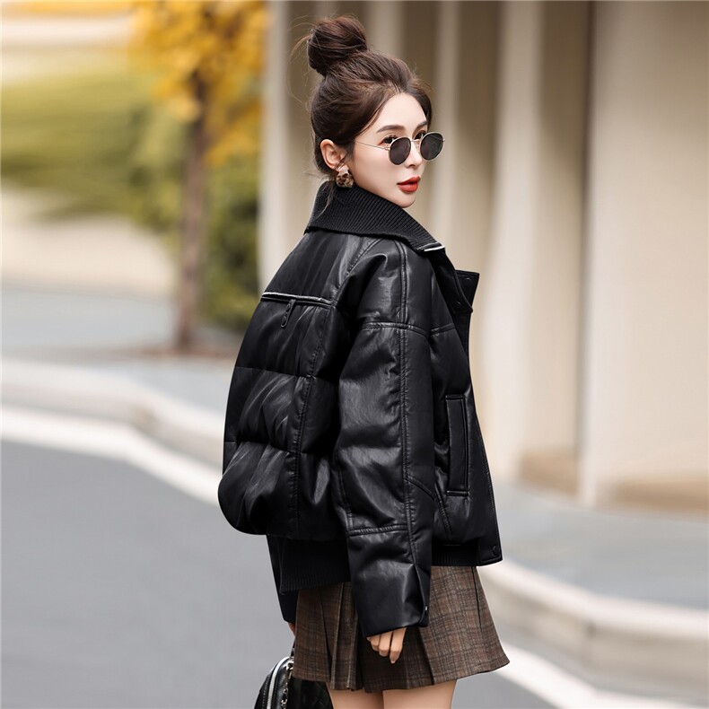 90绒时尚高潮流短款立领蛋白皮PU皮羽绒服外套女小个子冬季短外套,女装羽绒服,意芙