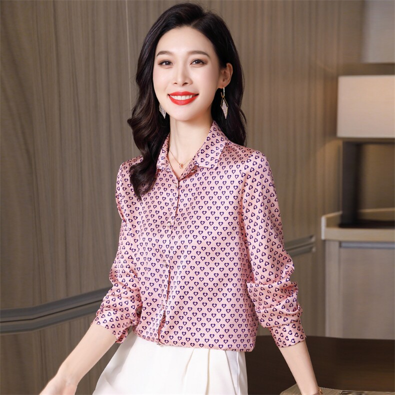 高级感真丝衬衫女印花真丝长袖2026年春秋新款宽松翻领上衣衬衣图片