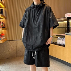 工装连帽防晒衣户外骑行运动服短袖男士夏季薄款休闲套装T05，男装休闲套装，星座310B-1