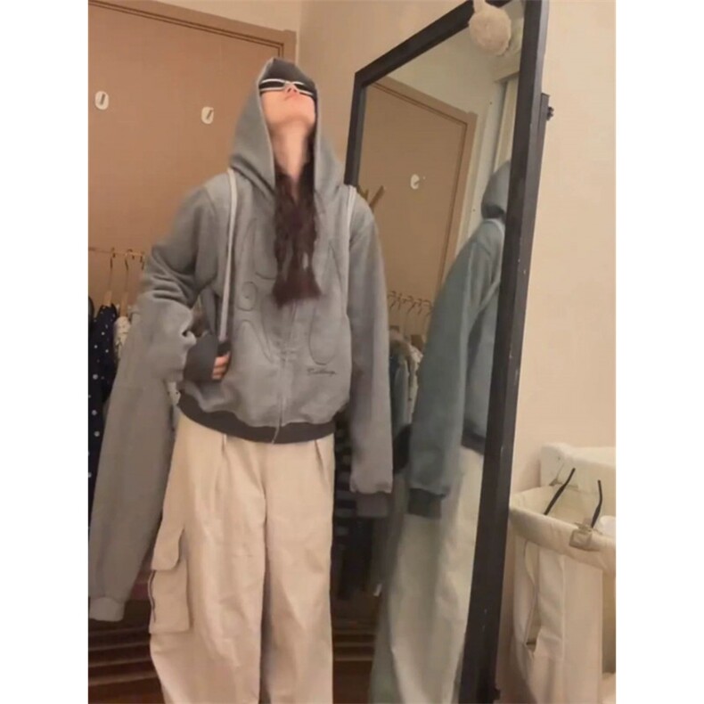 秋冬季加绒卫衣慵懒连帽情侣外套宽松上衣男女L14711-P55 加绒63图片
