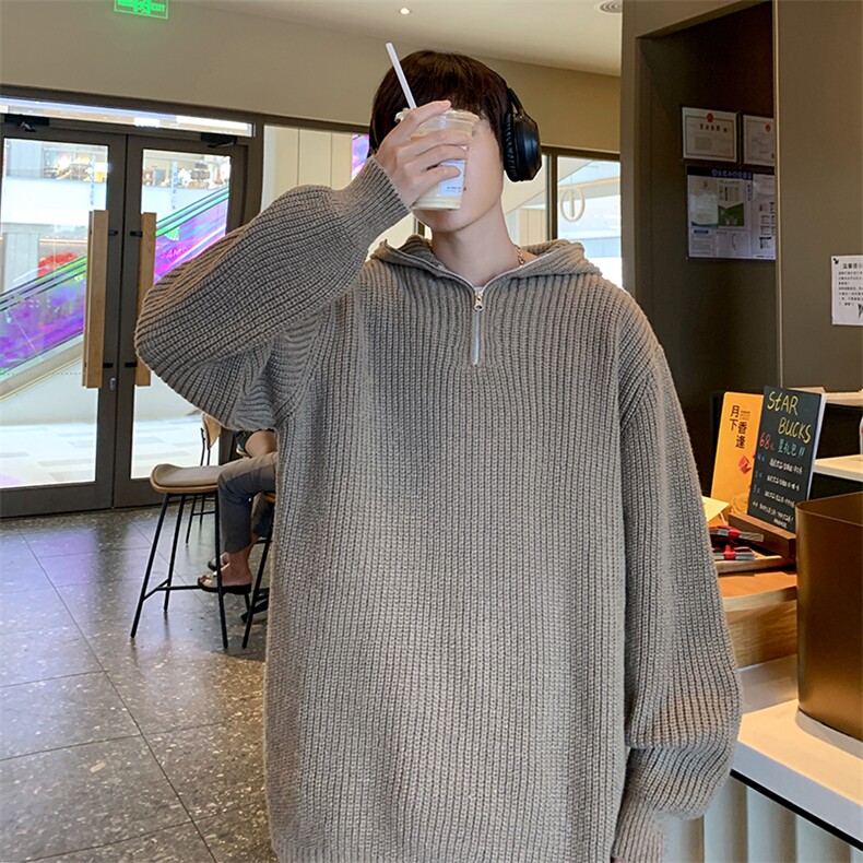 慵懒风连帽毛衣男秋冬季新款纯色简约cleanfit宽松休闲针织衫外套,男装针织衫/毛衣,星座410-7