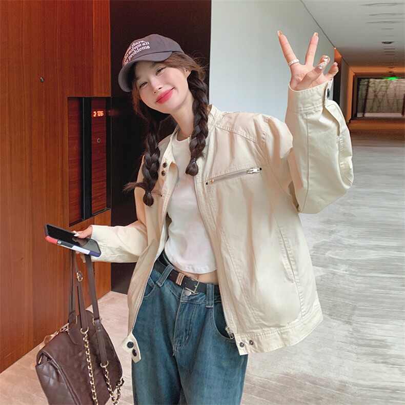 白色工装薄外套女春秋2025新款韩系休闲独特漂亮立领短款正肩夹克,女装短外套,2C198