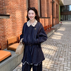 镂空领复古牛仔上衣阔腿裤套装女春秋大方得体超火俏皮活泼两件套，女装套装/套裙，2C052