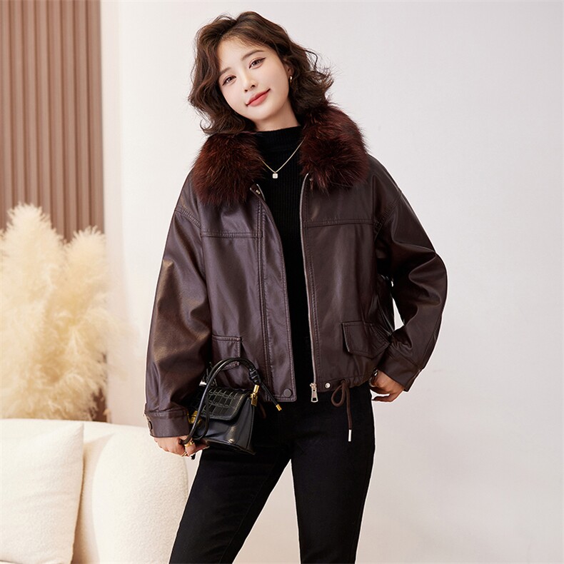 欧货加绒加厚皮衣外套女2024冬季新款小个子短款休闲机车服皮夹克,女装皮衣,江南女神
