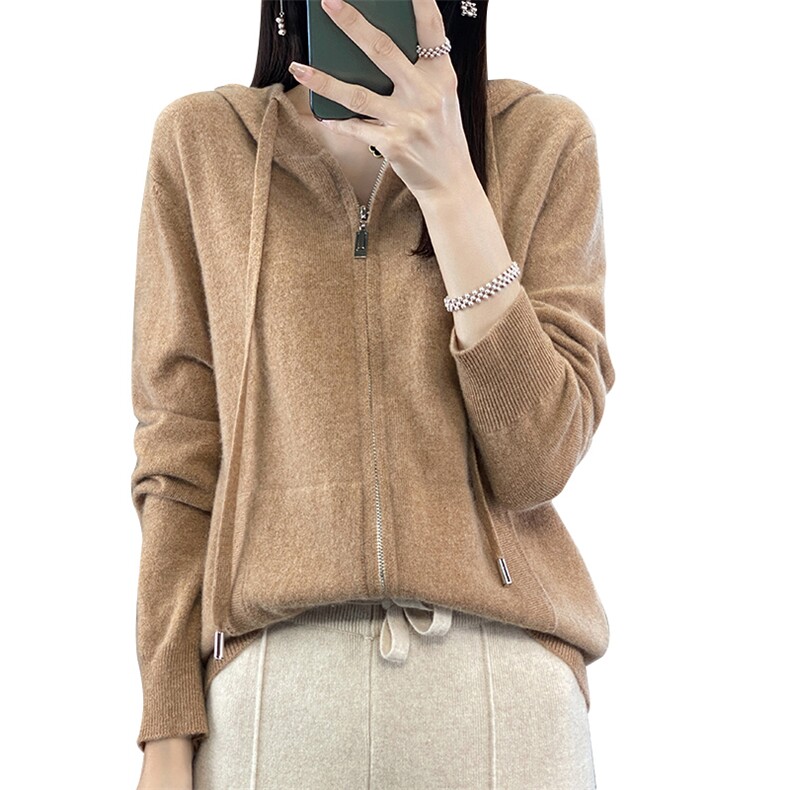 25秋冬新款100%纯羊毛开衫女连帽拉链带兜外套毛衣宽松羊绒衫外搭,女装羊毛衫,邦太羊绒