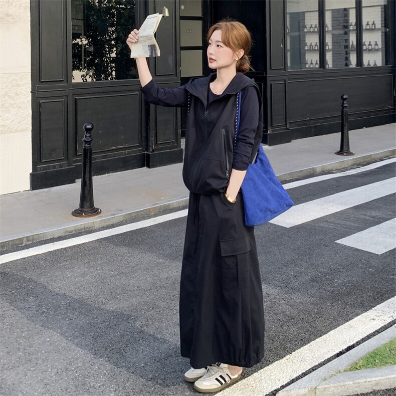 黑色休闲打底衫工装马甲套装女秋季2025新款休闲显瘦半身裙三件套,女装套装/套裙,2C028