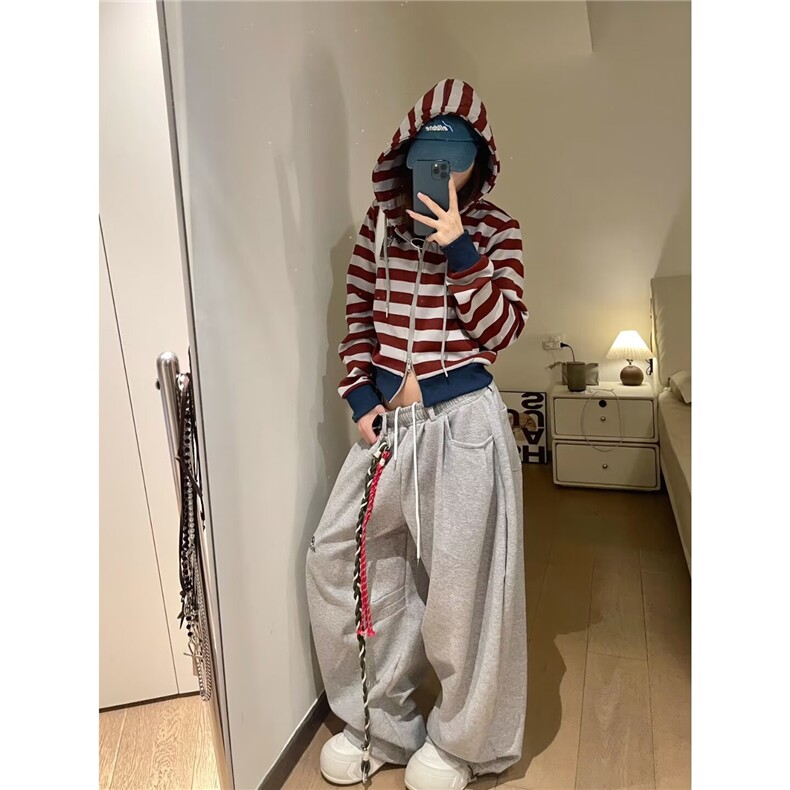 大码胖mm美式复古运动裤女垂感显瘦阔腿弯刀卫裤配绑绳L90700-P50,男装休闲裤,星座1008