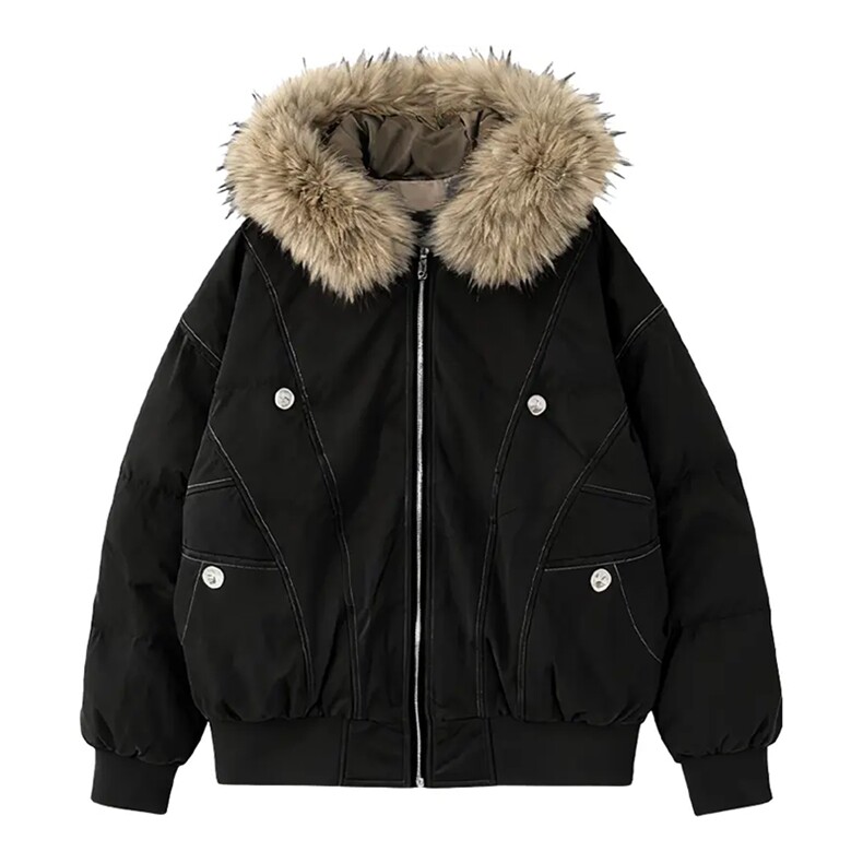 现货重磅boxy短款棉衣座山雕大毛毛领男女棉服水洗工装厚外套，男装棉衣，电商A486-1