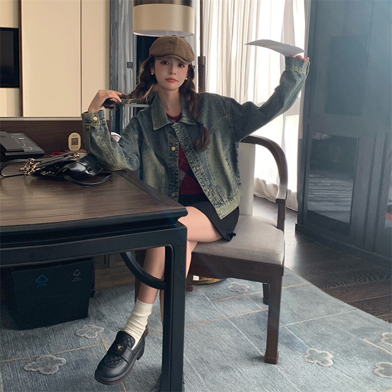 宽松慵懒风复古牛仔外套女2024春秋新款美式休闲显瘦工装夹克上衣,女装牛仔外套,纯色衣恋