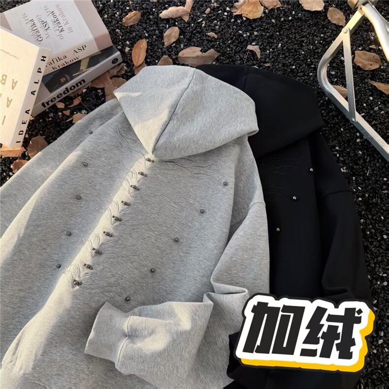 美式重磅Cleanfit复古钉珠刺绣设计连帽卫衣男LY74500-P50加绒55,男装卫衣,星座1008