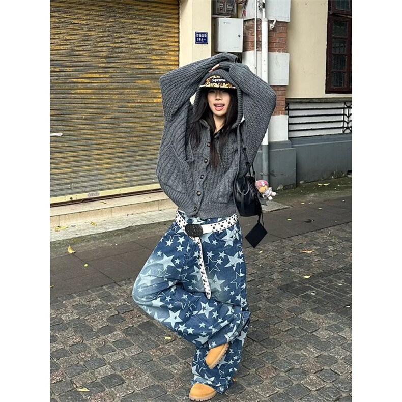 设计感小众2025春秋新款今年流行宽松直筒阔腿印花牛仔裤子女,男装牛仔裤,星座506A