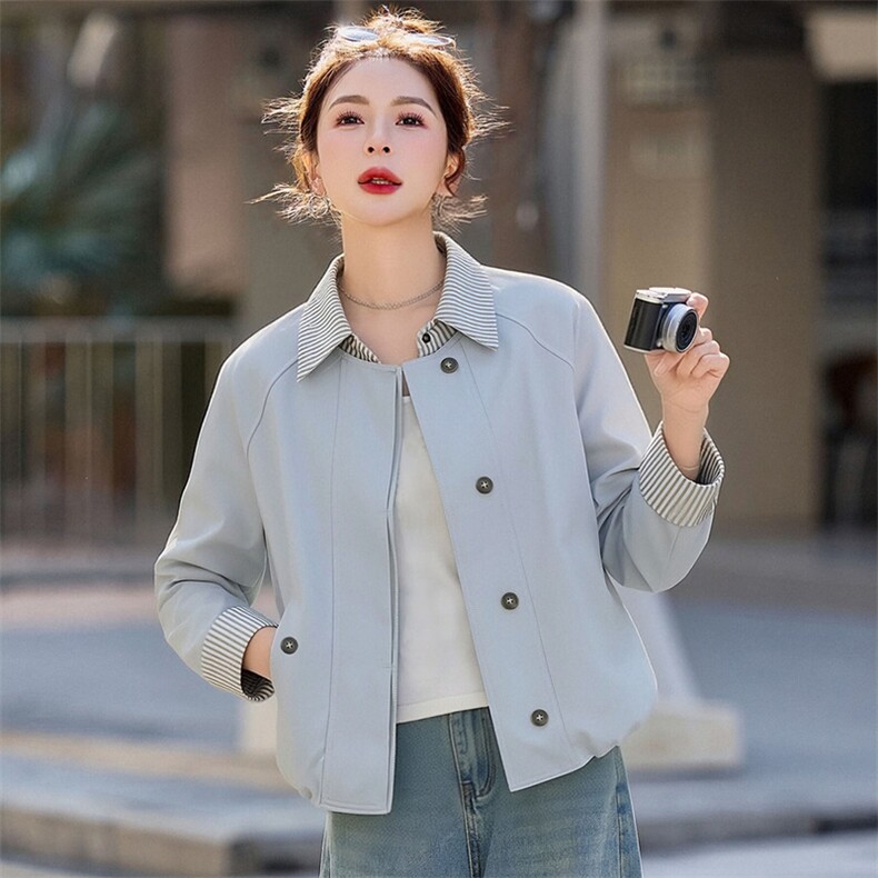 （现货）假两件条纹拼接翻领外套女新款流行气质减龄百搭上衣,女装短外套,韩蔻秀