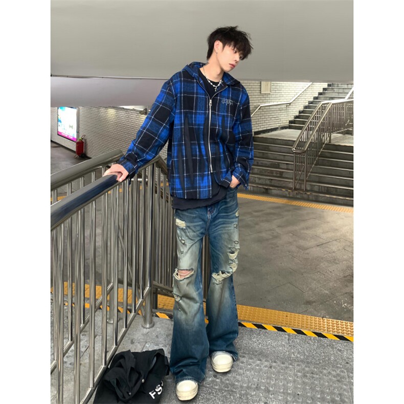 【有货】连帽格子衬衫男高级感痞帅美式拉链夹克外套C300CC-特P55,男装夹克,星座1007（原301D）