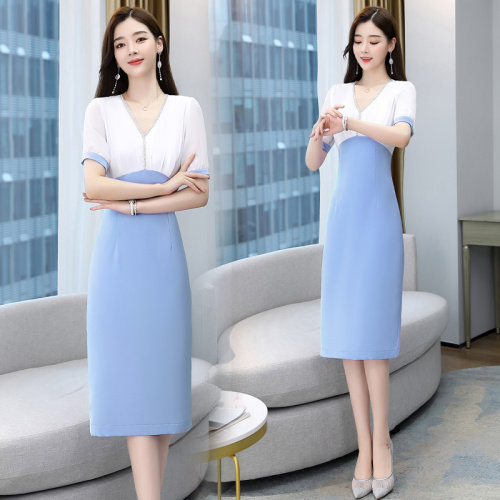 2022夏季新款简约时尚优雅气质V领拼色收腰修身显瘦连衣裙,女装连衣裙,火爆靓佳人