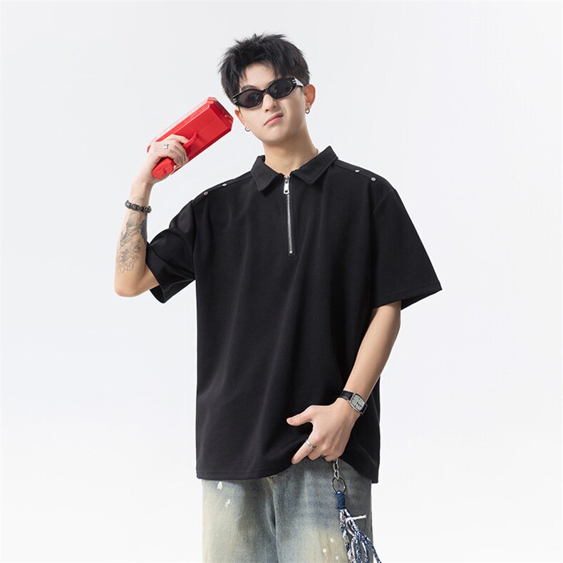 2025夏季新款港风日系半拉链翻领短袖T恤男潮XZ213-TX19-P35控58,男装T恤,星座213
