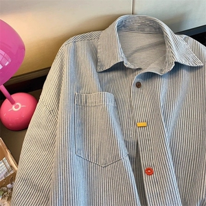 TC689-P45 复古简约撞色牛仔条纹oversize宽松百搭POLO领衬衫女图片