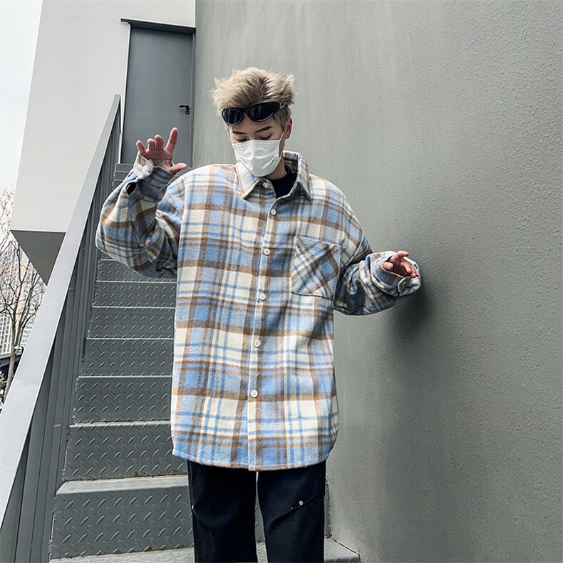 春季格子衬衫男生外套宽松青少年韩版潮流痞帅长袖衬衣上衣,男装衬衫,星座410-7
