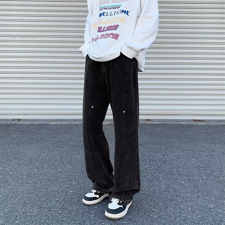 美式vibe裤子ins高街黄泥染铆钉工装牛仔裤男宽松直筒裤N2809-p42图片