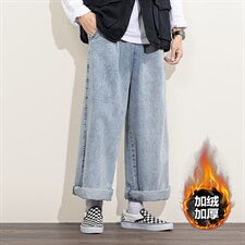 2023冬加绒加厚牛仔裤男日系白墙模特拖地阔腿长裤N80211-P60，女装牛仔裤，电商A082