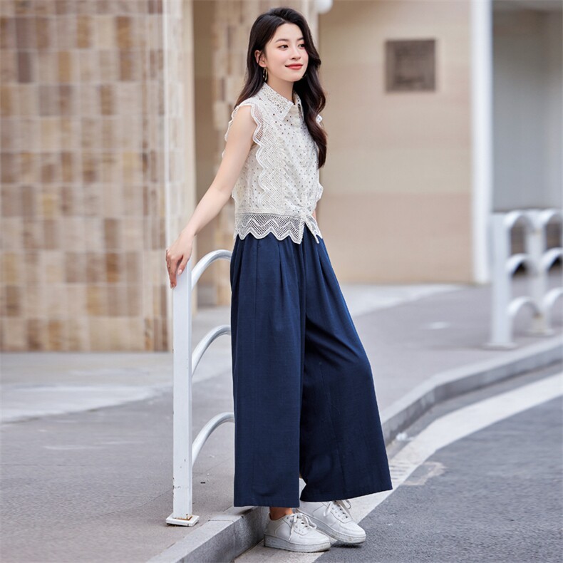 藏青色两件套装裤女蕾丝气质无袖上衣宽松阔腿裤上班穿搭,女装套装/套裙,梦懿尔