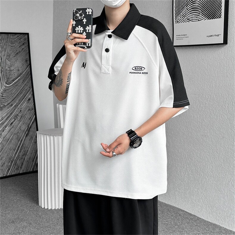 华夫格Polo衫男美式复古撞色短袖t恤宽松休闲五分袖上衣PL081-P33,男装Polo衫,星座308B-1