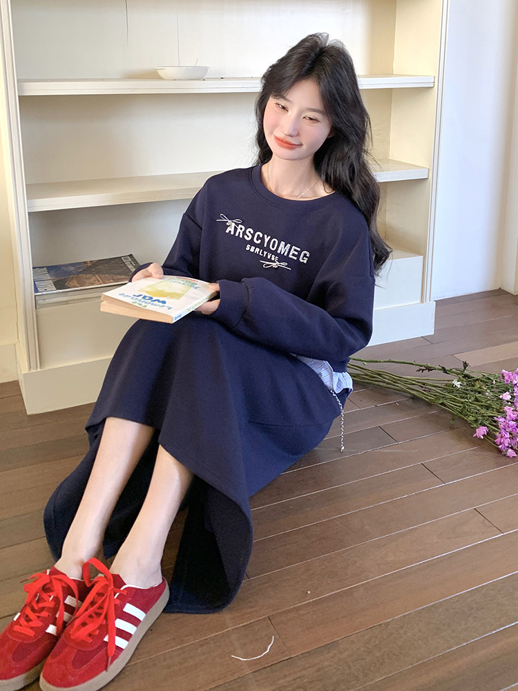 藏青色卫衣套装裙女春2025新款韩版印花长袖上衣A字半身裙两件套,女装套装/套裙,浙宝220