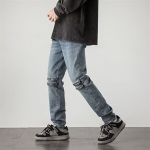 牛仔裤男秋季潮大码休闲裤子高街高弹厚款膝盖拉链F5068P58图片