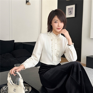 2025法式气质立领木耳边拼接钉珠单排扣加厚长袖上衣女冬季新款图片